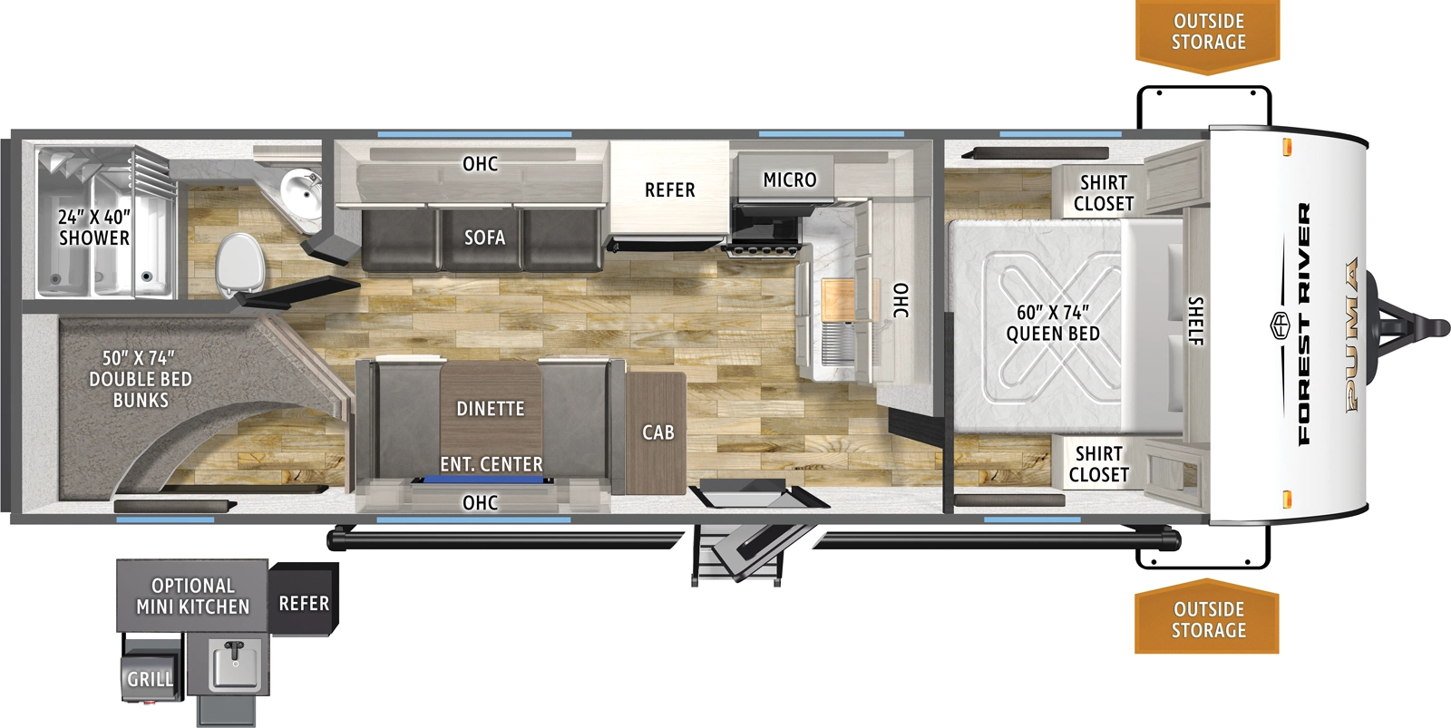 The Puma Camping Edition 23BHCE floorplan has one entry and zero slide outs. Exterior features include: metal exterior, 15' awning and outside kitchen. Interiors features include: bunk beds and front bedroom.